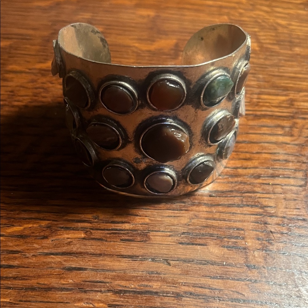 Vintage Silver-Tone Multi-Stone Cuff Bracelet in Brown and Green has wearing